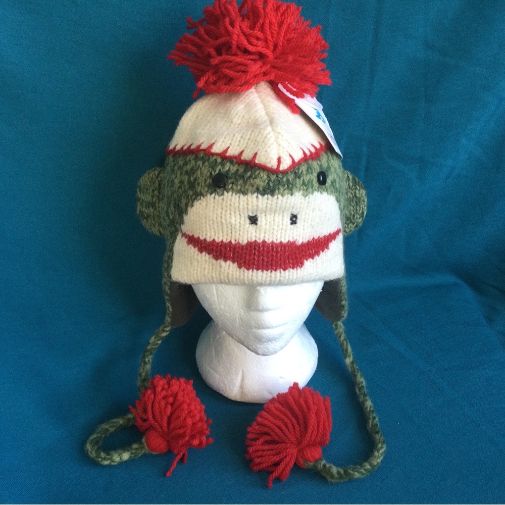 Delux Wool Blend Sock Monkey Pilot Toque Hat Hand made Green NWT